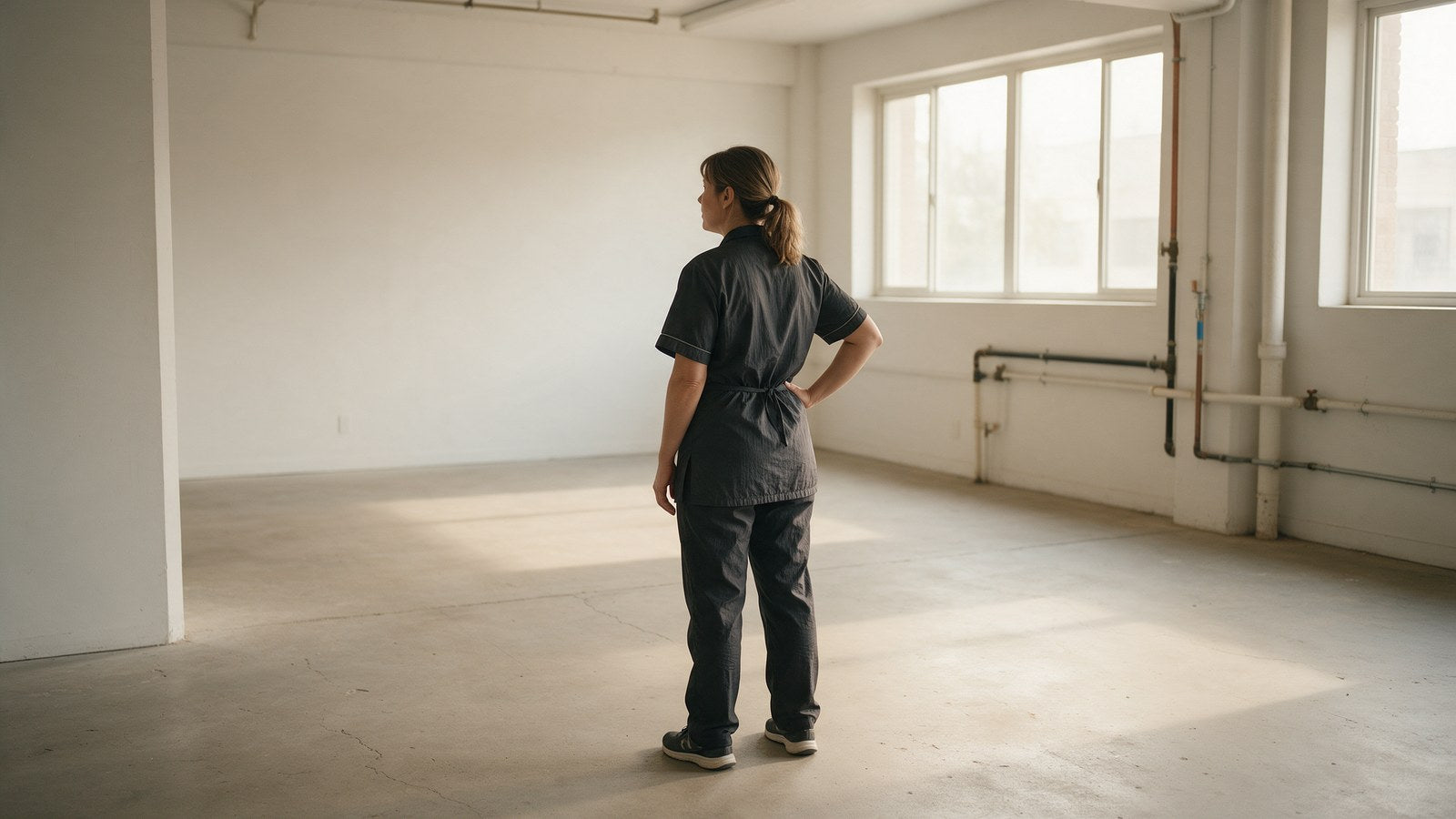 Groomer in uniform standing alone in an empty rented space, looking around before setting up a new dog grooming salon